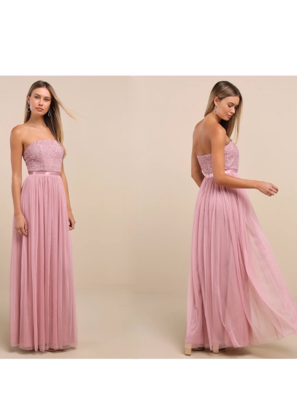 NWT Lulus Lonica Mauve Sequin Beaded Strapless Maxi Dress S
